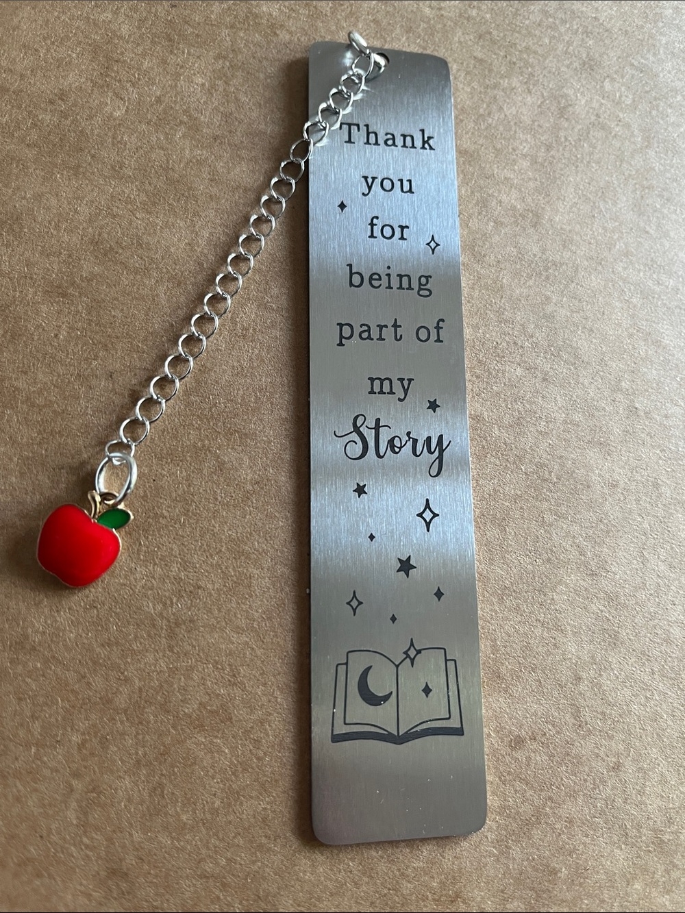 Silver 'Thank You for Being Part of My Story' Bookmark with Red Apple Charm